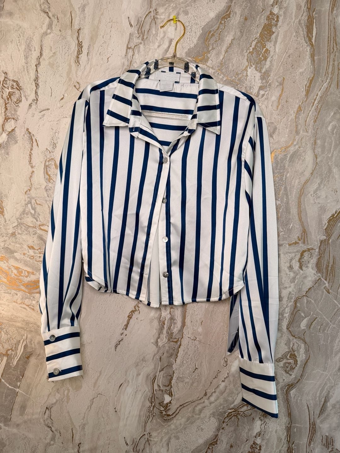 LIFE Women’s Blue and White Striped Satin Cropped Long Sleeve Button-Up Shirt
