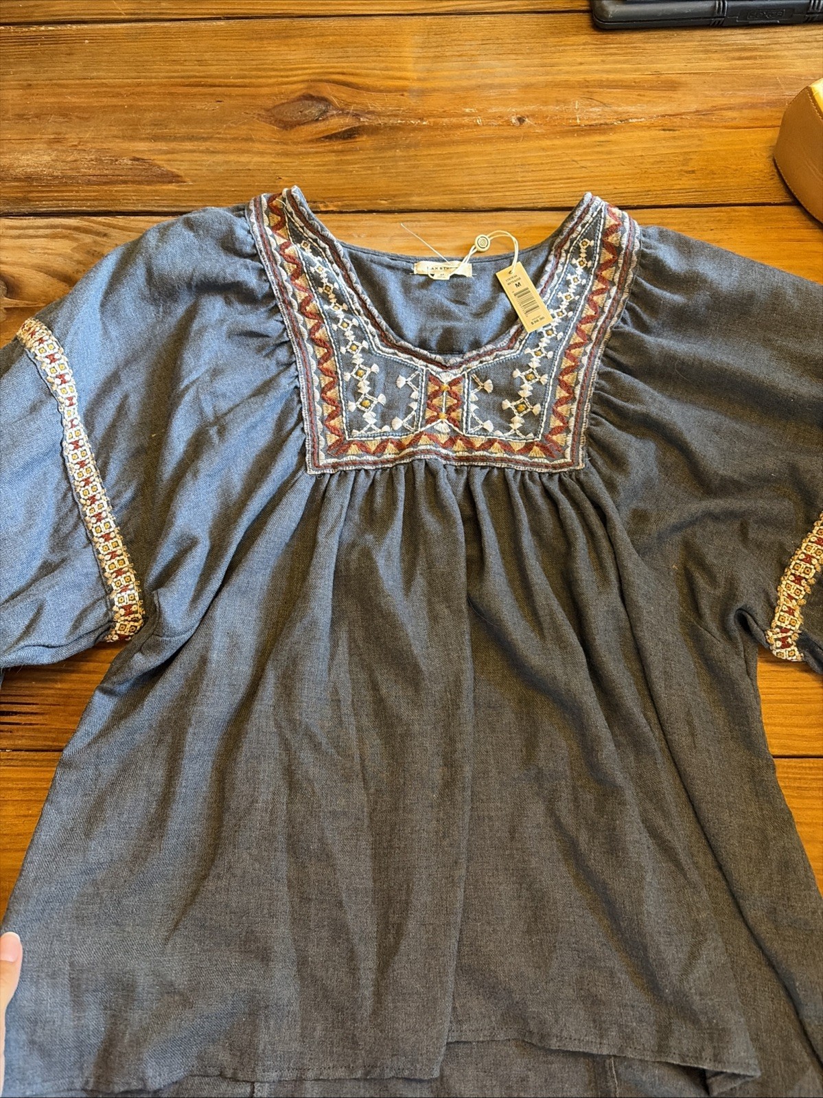 Max Studio Floral Embroidered Top Womens Medium Dusty Blue Pleated Peasant