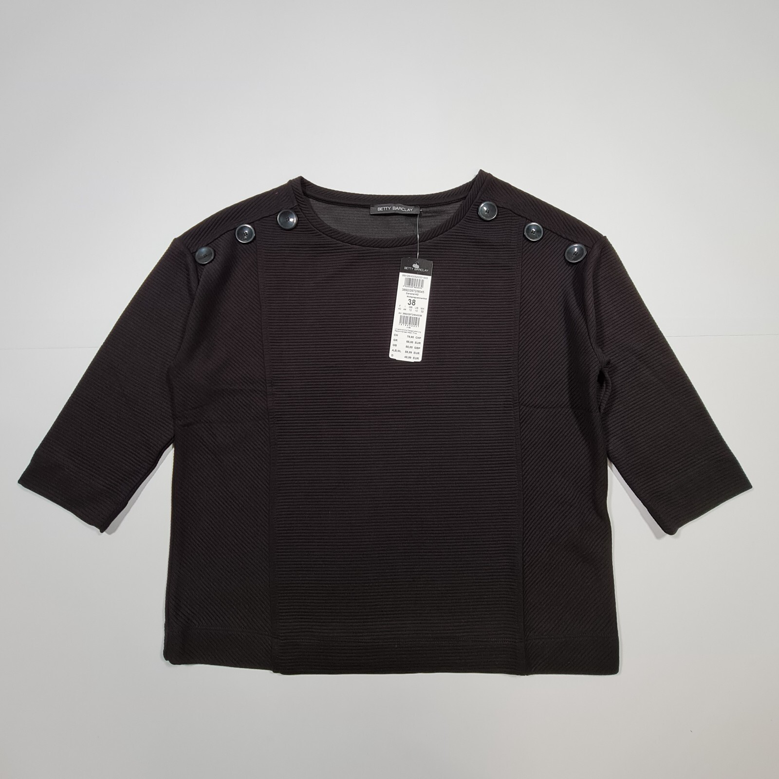 Betty Barclay Womens T Shirt Black 12 UK 3/4 Sleeve Relaxed Fit Ribbed Top