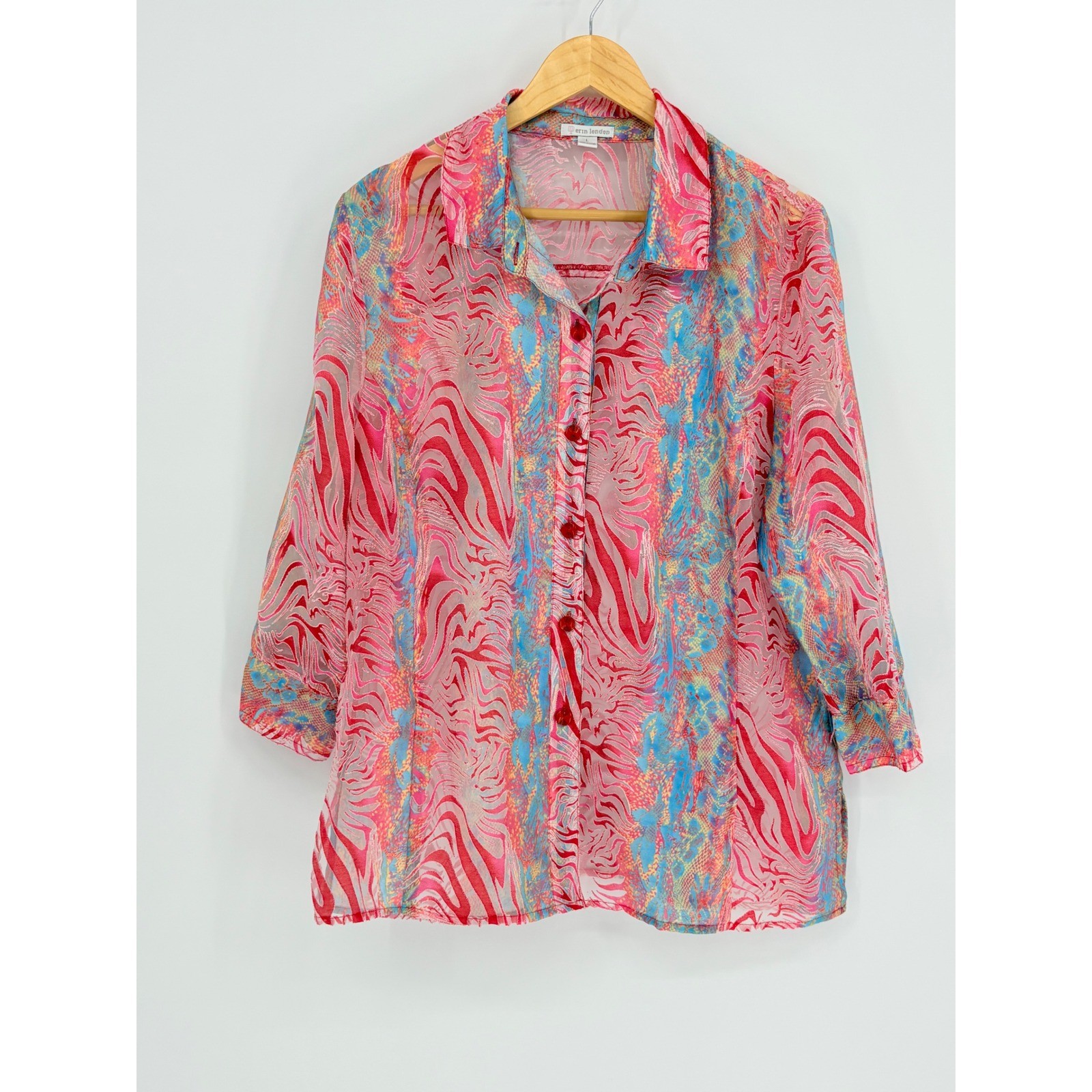 Erin London Womens Large Abstract Watercolor Print Burnout Blouse Artsy Boho