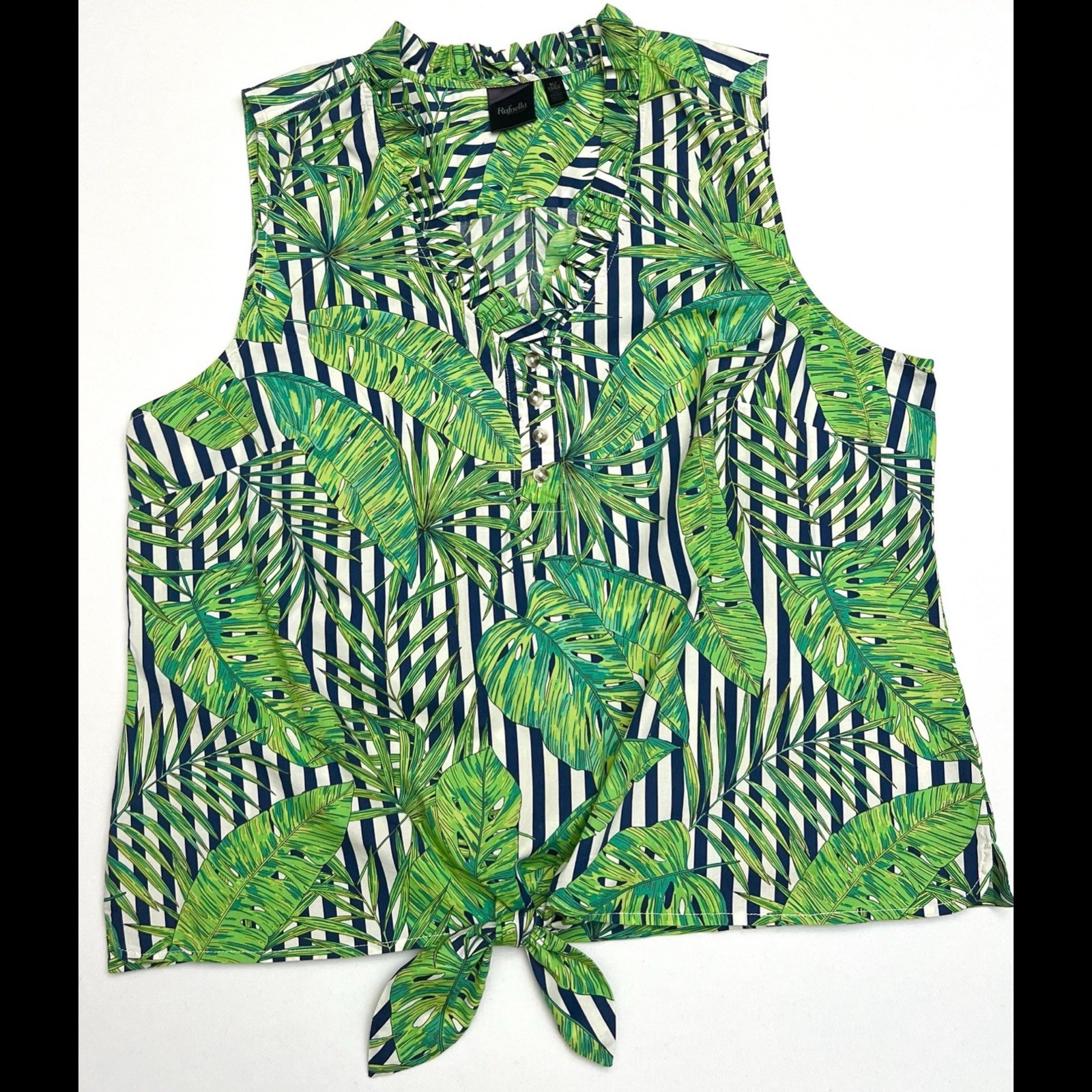 Rafaella Tropical Palm & Stripe Tie-Front Sleeveless Blouse