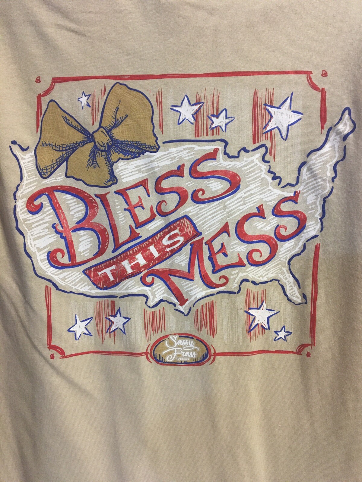 Sassy Frass Women’s Small “Bless This Mess” Graphic T-Shirt USA Tan