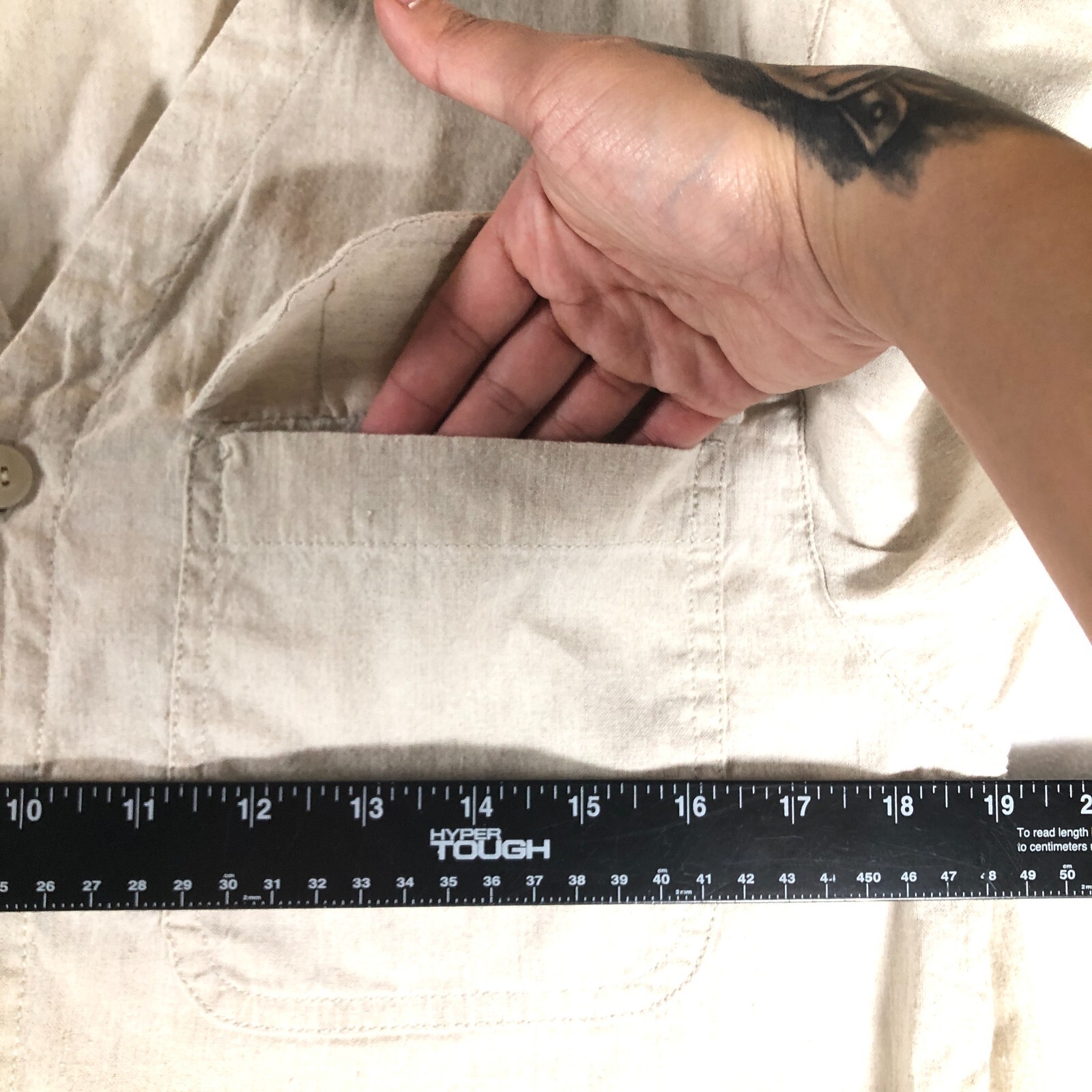 Lizwear Womens Linen Blend Tunic Top Sz M Beige Button-Up Flap Pockets