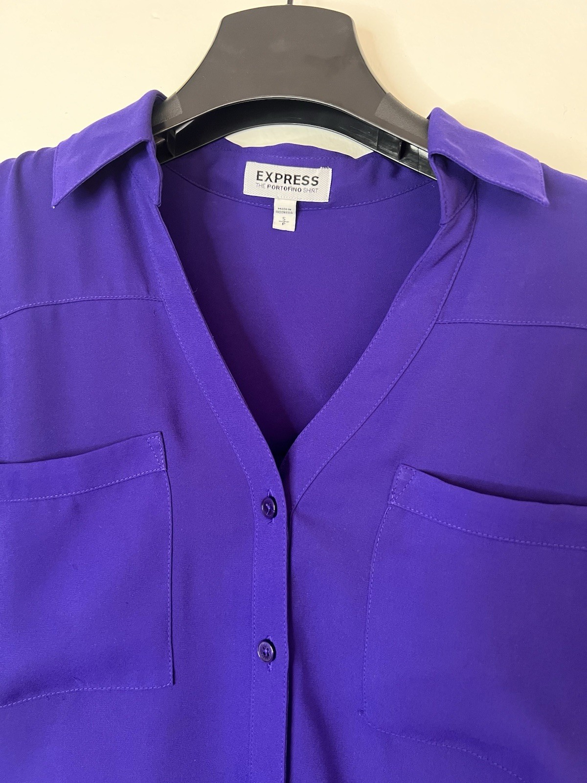 Express Portofino Shirt Blouse Purple Button down Convertible Sleeve V-Neck S