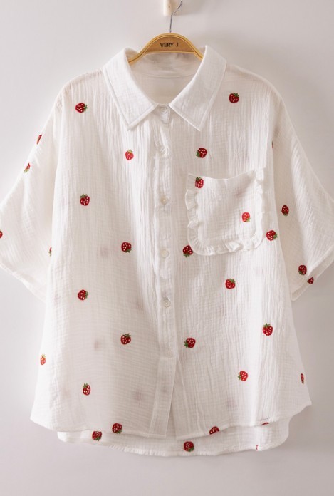 Strawberry Embroidered White Gauze Button Front Top M L 1X 2X