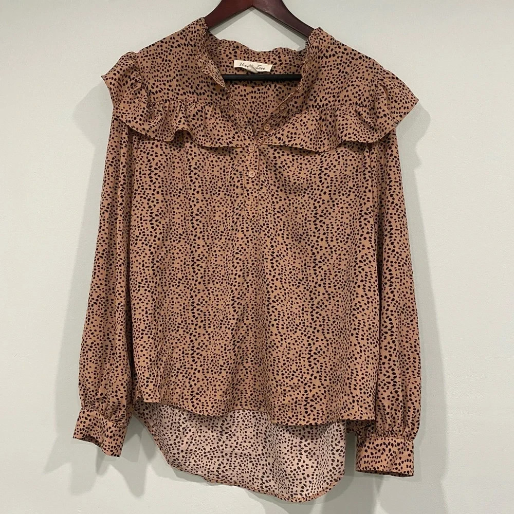 Vine & Love Oversized Leopard Cheetah Print Blouse Top Long Sleeve Large