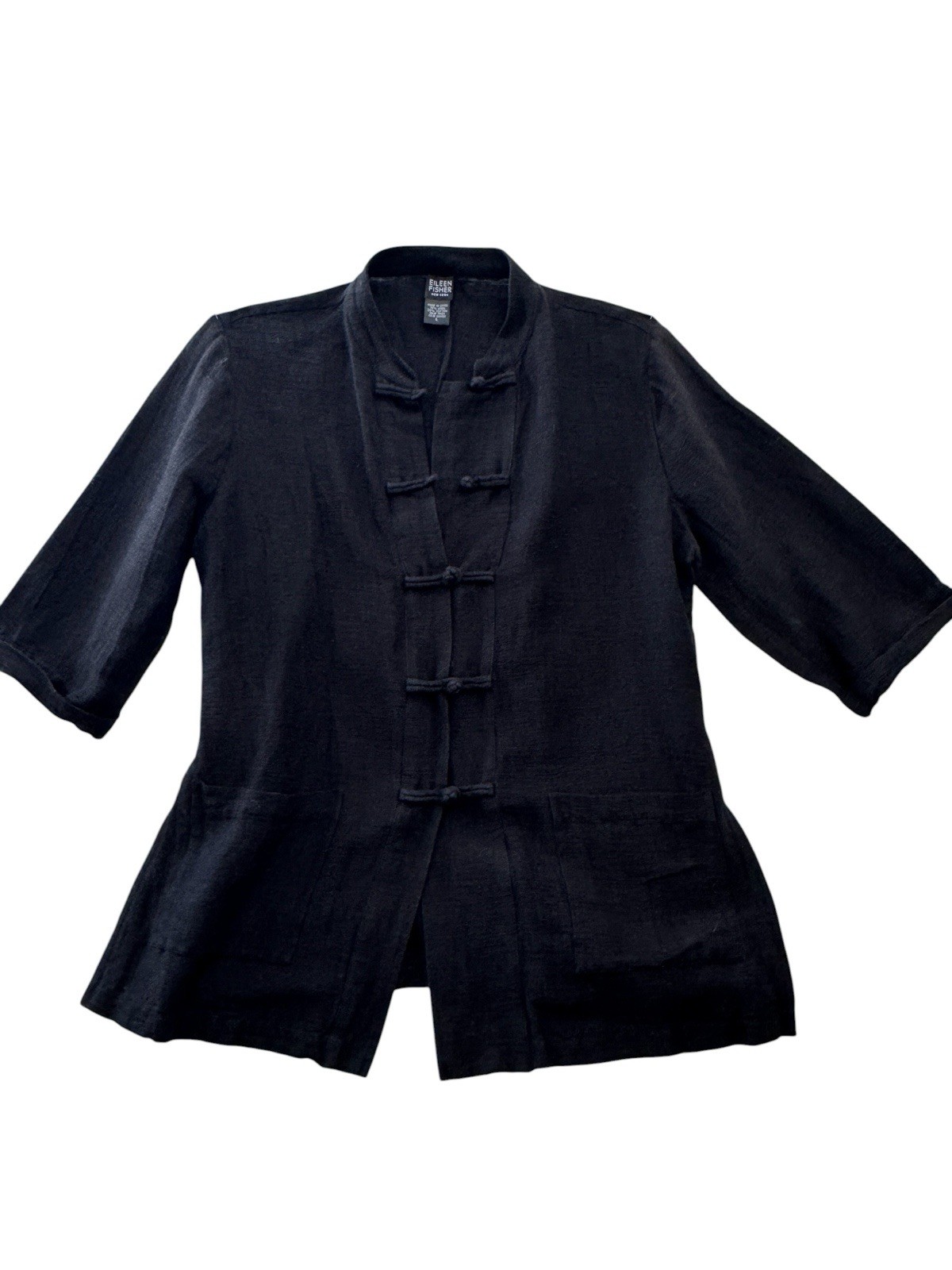 Eileen Fisher Shirt Sz L Mandarin Frog Closure Cotton Lagenlook Luxury Black