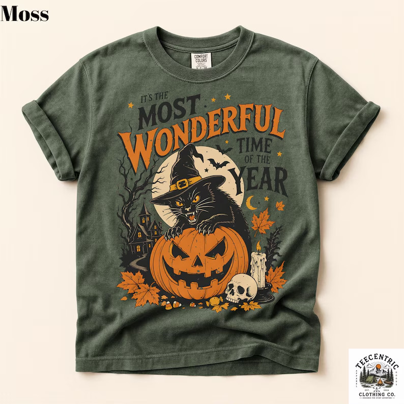 It’s The Most Wonderful Time Of The Year T-Shirt Halloween Black Cat Pumpkin Tee