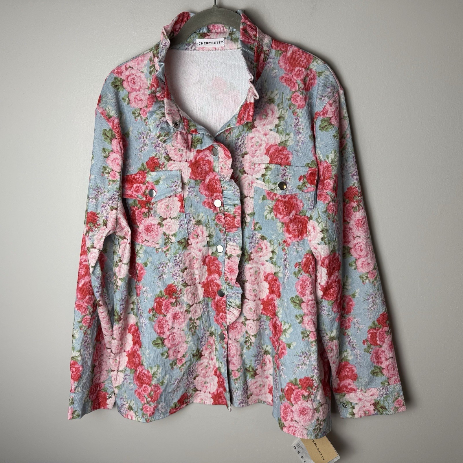 NEW CHERRYBETTY Corduroy Shirt Size XL Top Snap Front Floral Ruffles Stretch