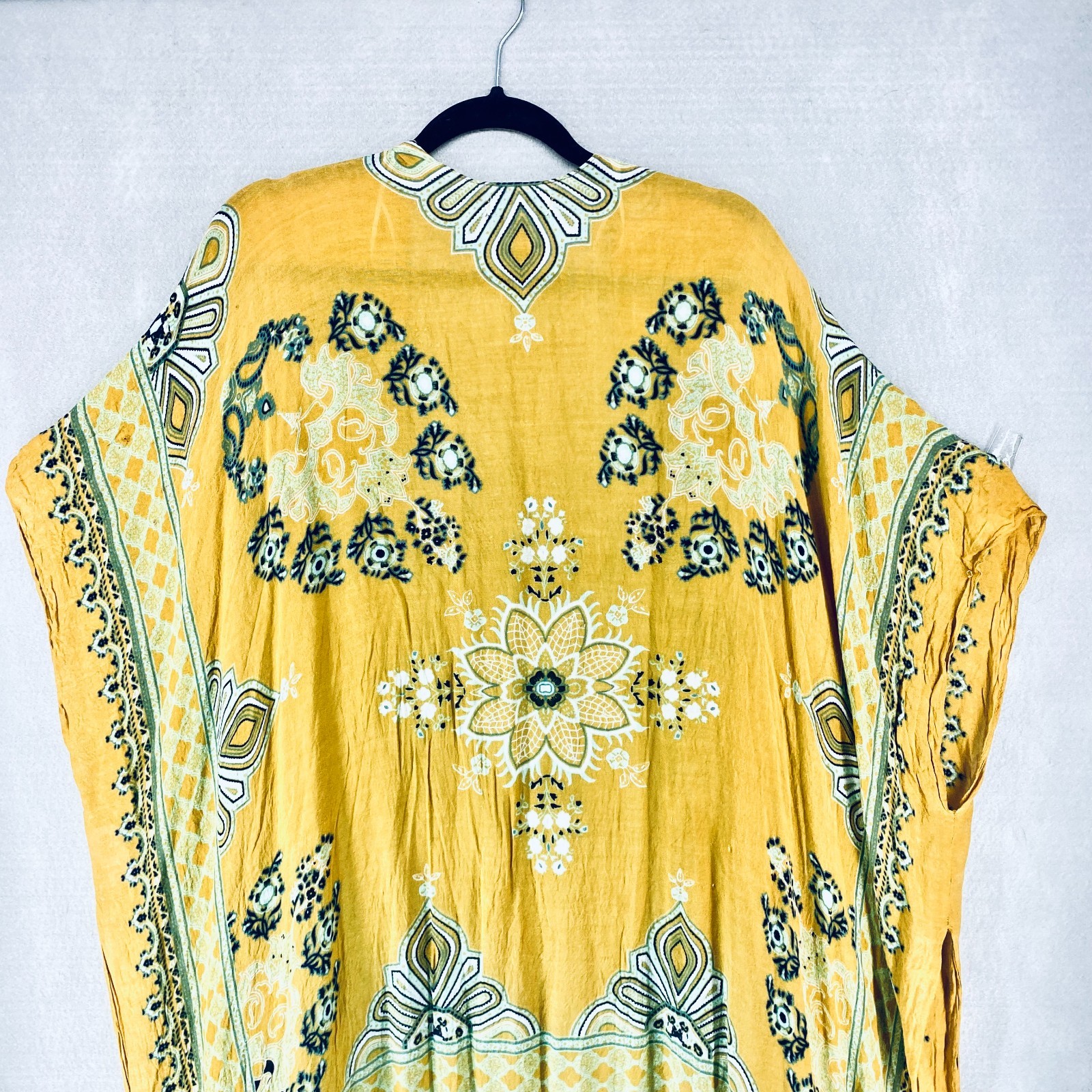 Derek Heart Top Womens OS Mustard Yellow Floral Kimono Fringe Boho