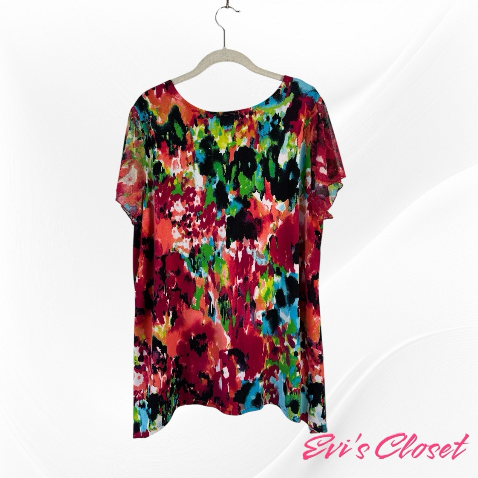 Adele & May Top Sheer Red Blue Green Short Flutter Sleeves V Neck Overlay Sz 1 X