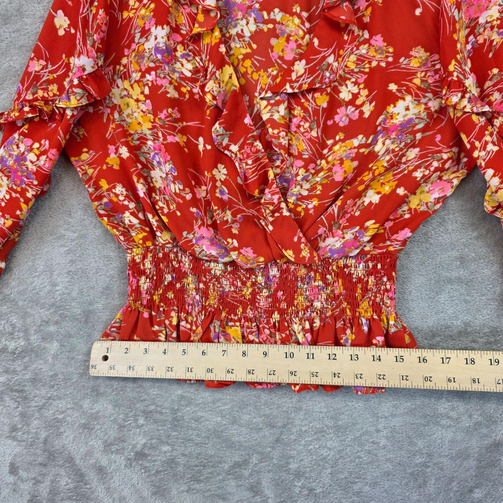 1. STATE Blouse Womens M Red V Neck Long Balloon Sleeve Floral Smocked Cropped