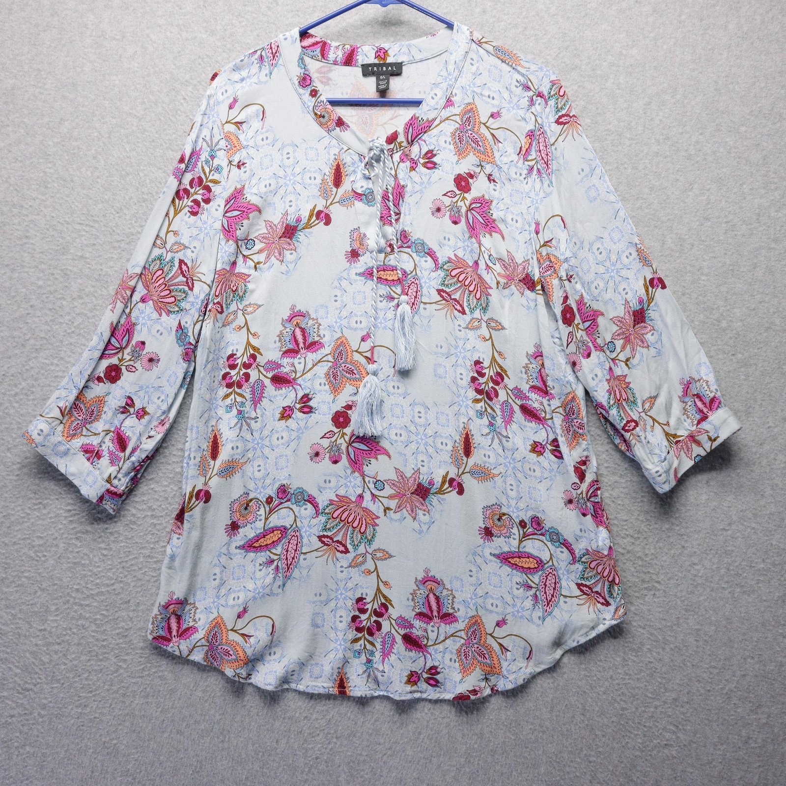 Tribal Tunic Top Womens L Blue Pink Floral Boho Bloomcore Art 3/4 Sleeve Tassel
