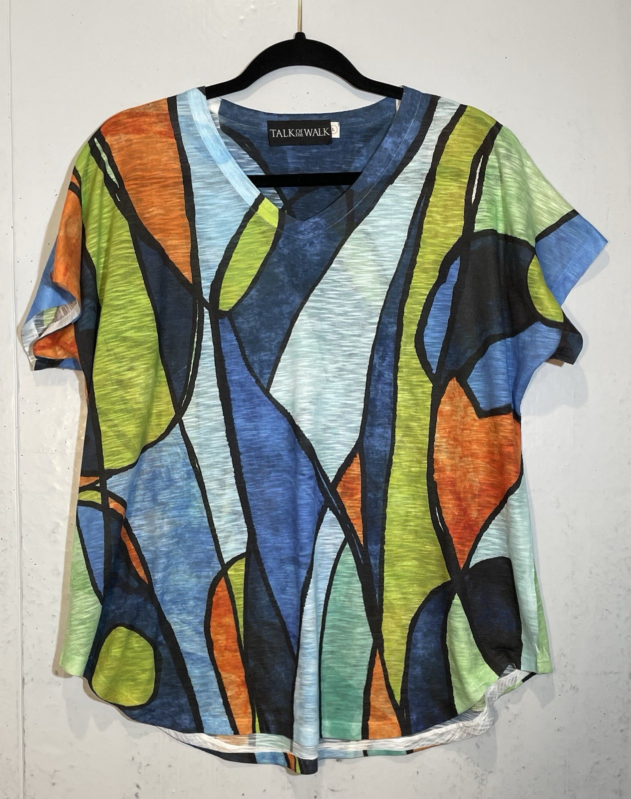 Talk of the Walk Slub Knit TShirt Top Size L Colorful Artsy Geometric V-Neck