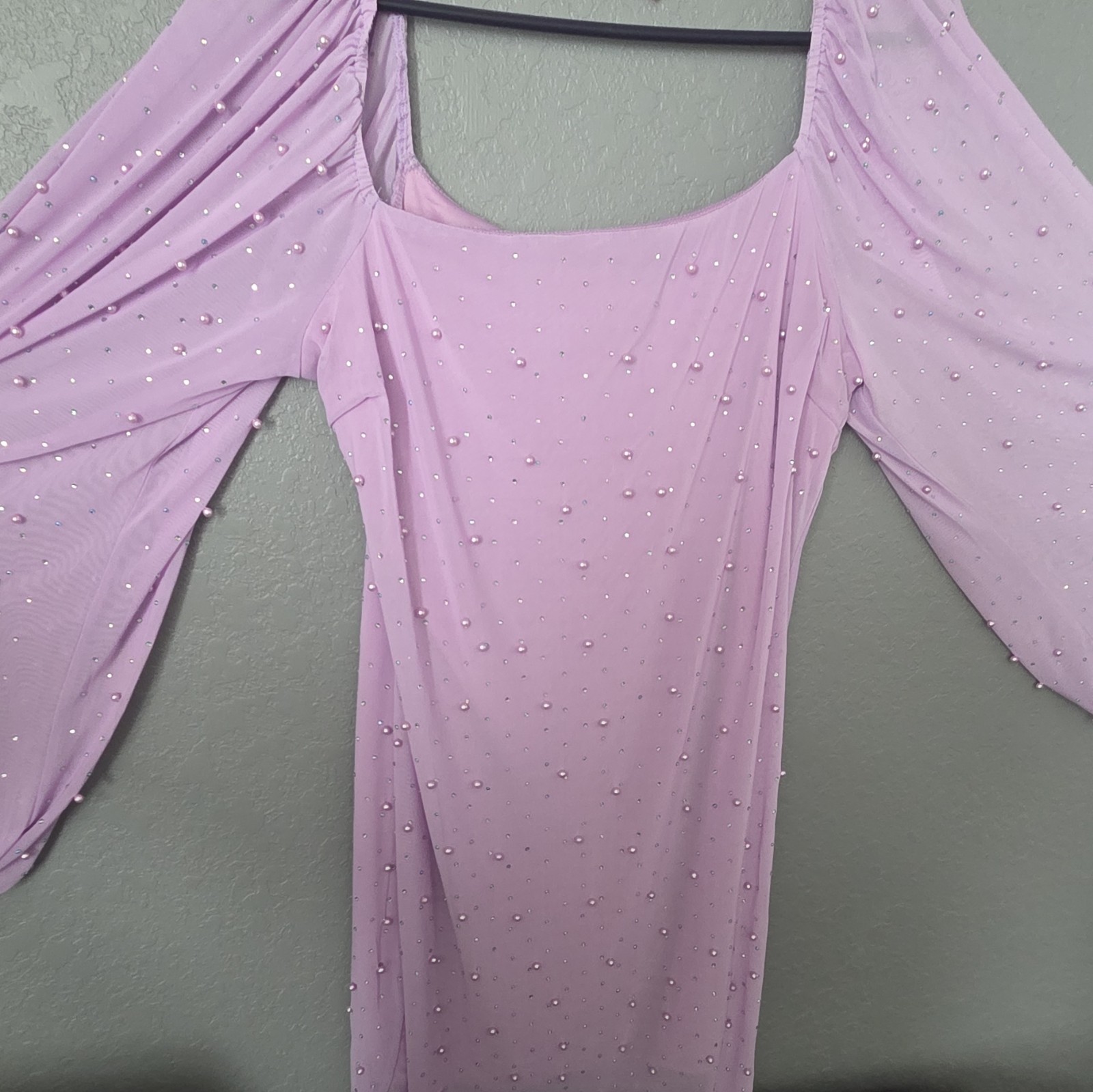 francesca’s Purple Sheer Mesh Beaded Rhinestone Puff Sleeve Blouse L