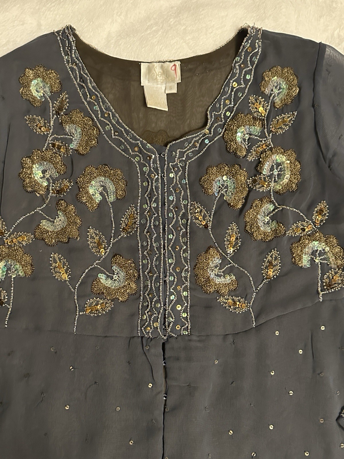 Soft Surroundings Gray Chiffon S Blouse Sequins Dark Fairy Core Whimsigoth