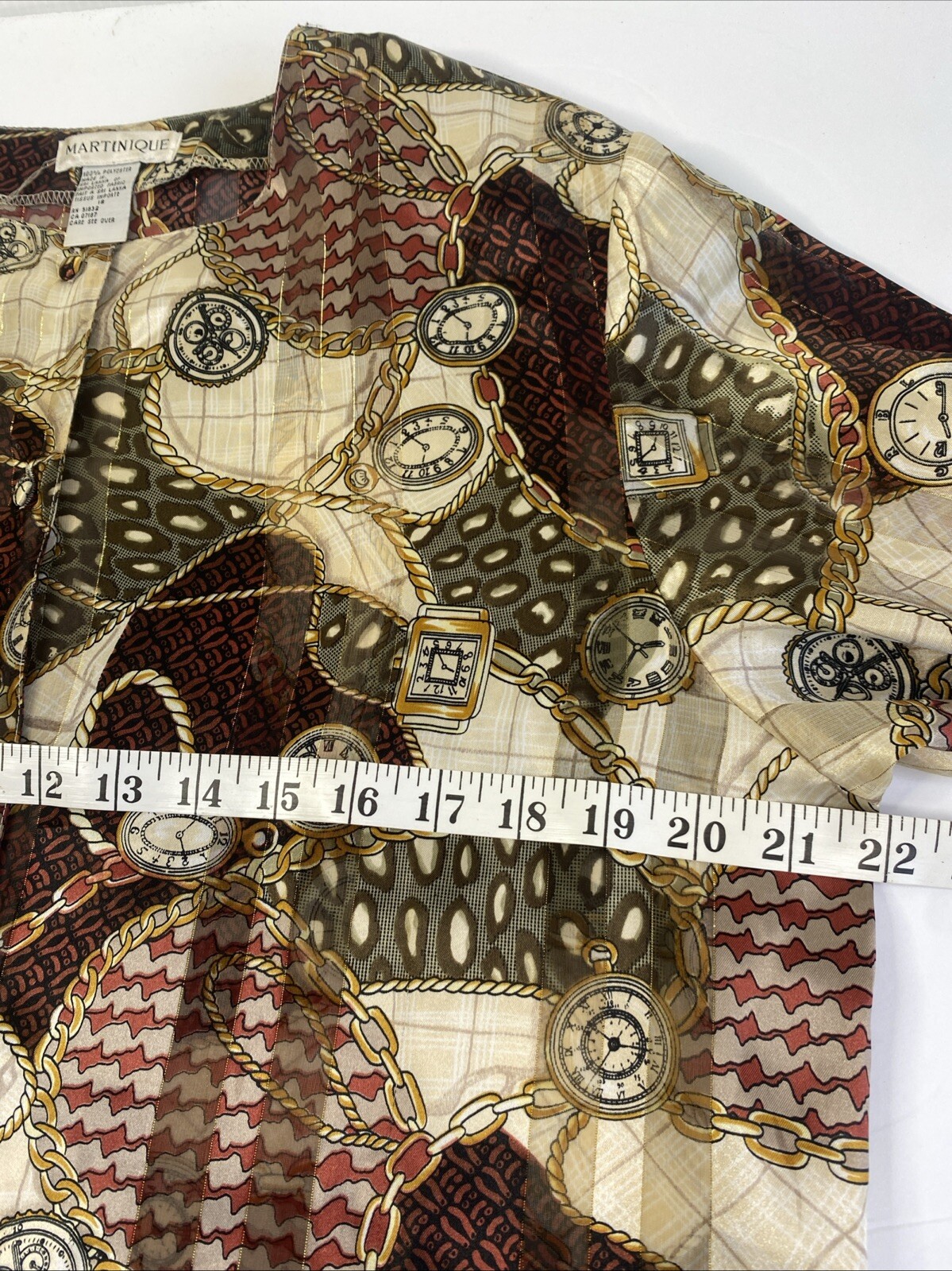 Martinique Blouse Woman Size 12 Gold Brown Red Silky Poly Print Button Front
