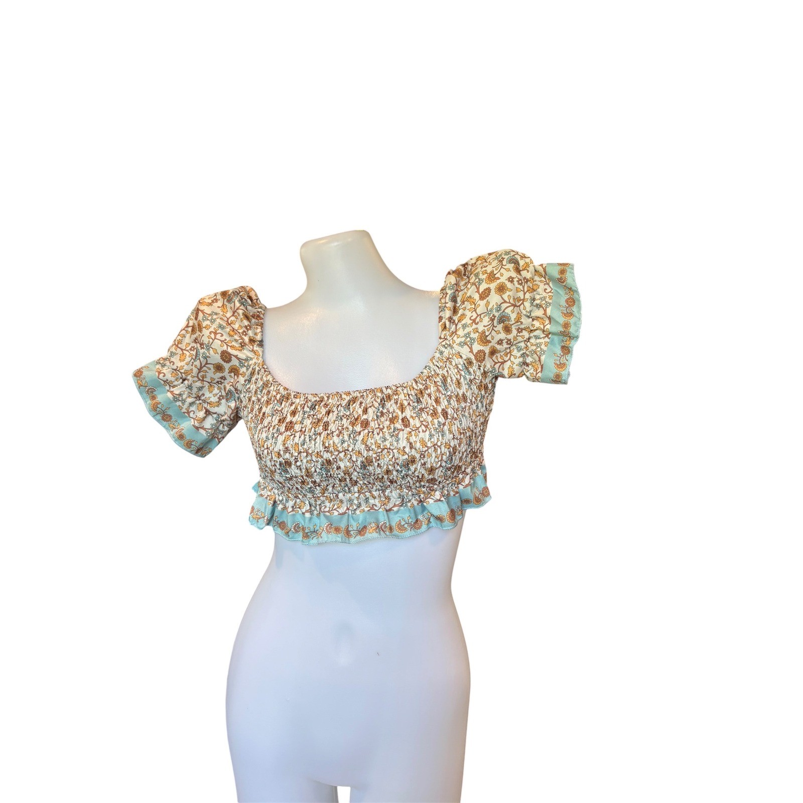 Boho Floral Smocked Crop Top Puff Sleeve Square Neck Ruffle Hem Blue Yellow