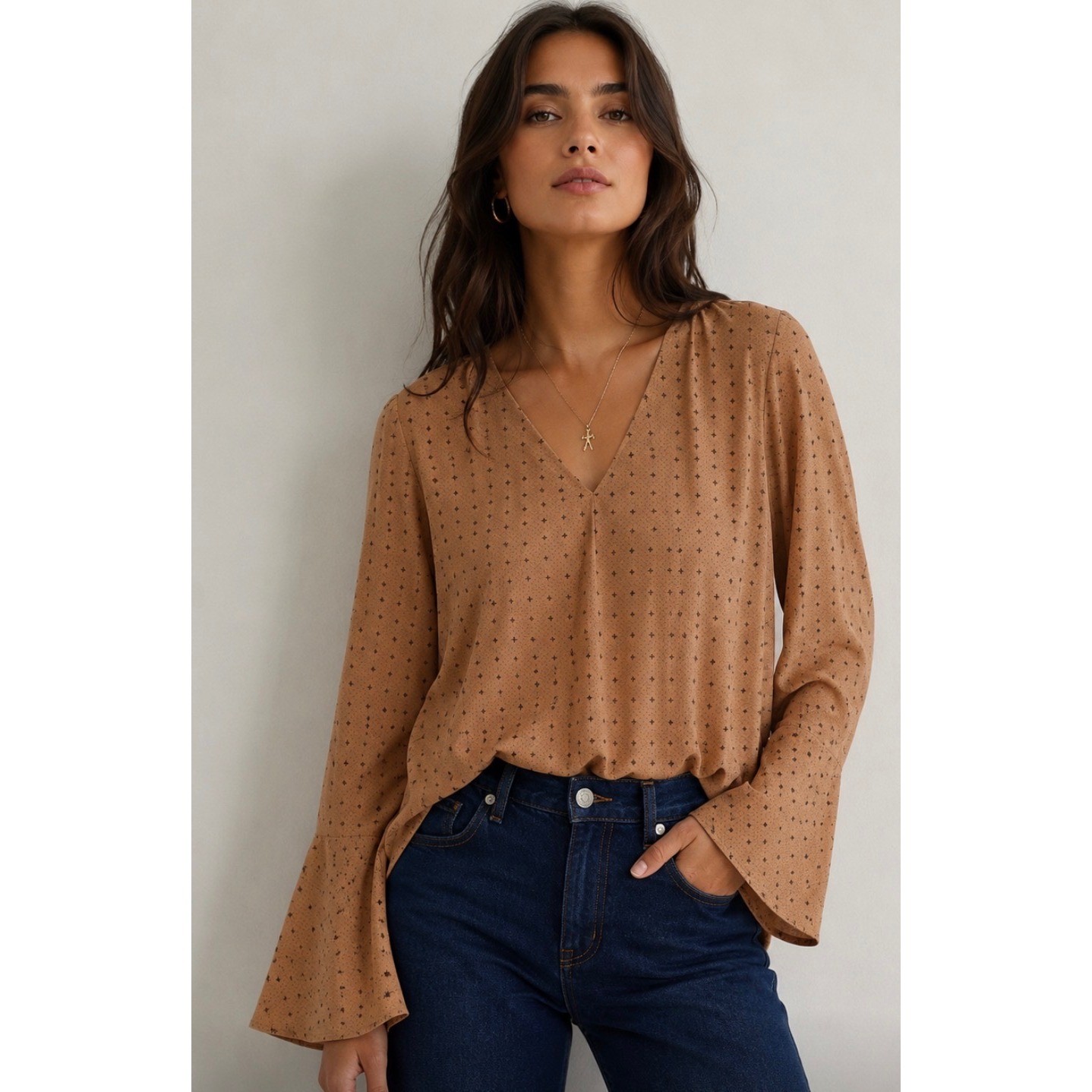 VTG Billy Reid Womens XS Tan Geometric Print 100% Silk Deep V-Neck Tunic Top USA