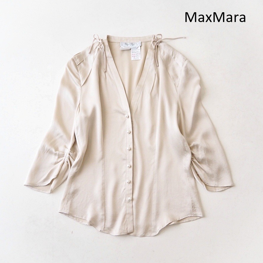 Max Mara Elegant Pure Silk Button Up Blouse Beige Size 40 White Tag Luxury