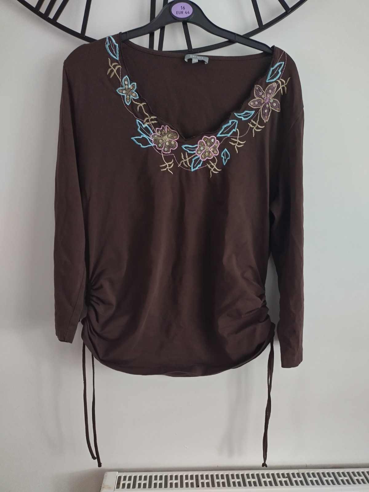 Y2K Per Una Chocolate Brown Embroidered Boho Top Drawstring Ruched