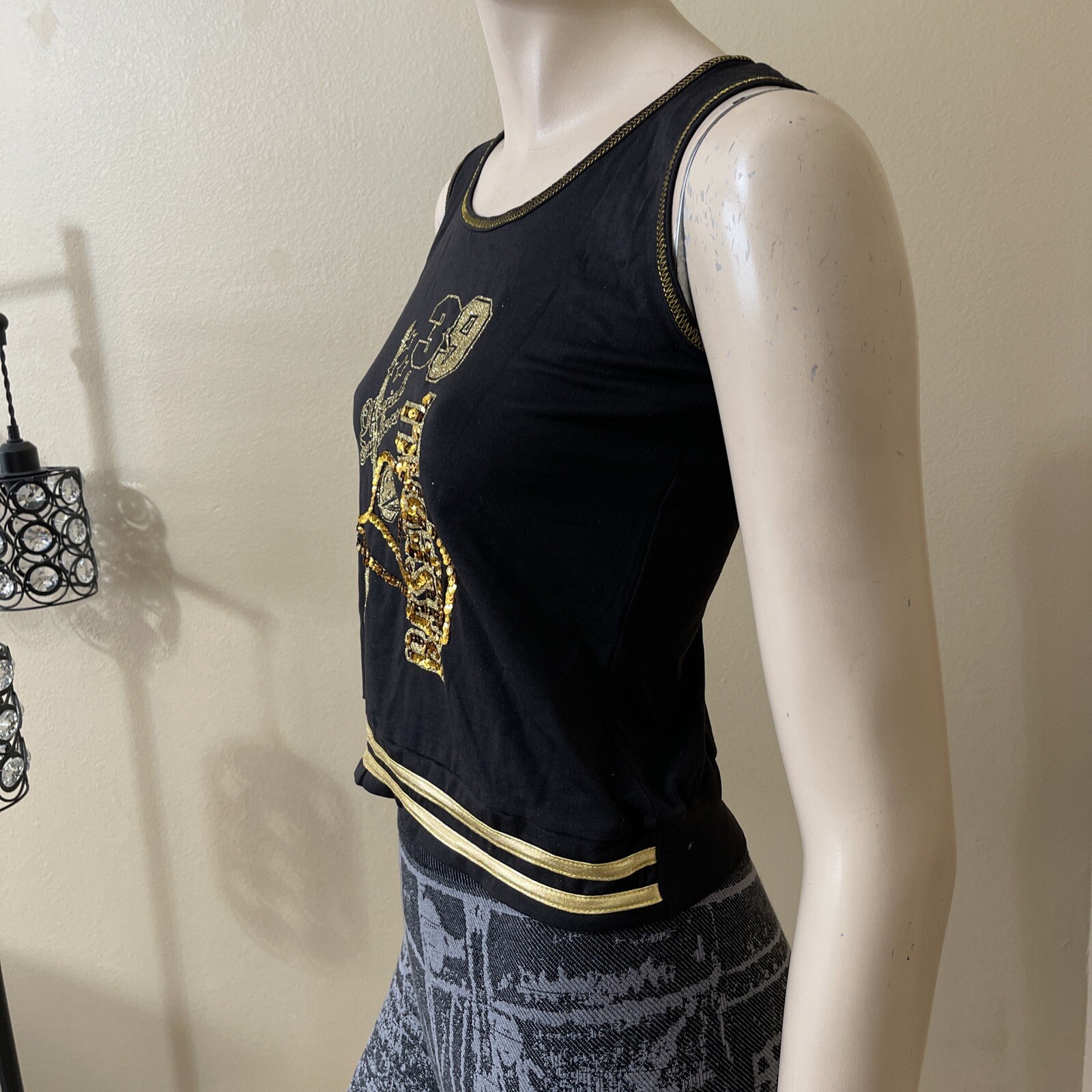 Women’s Black Gold Print Polyester Casual Summer Opened Beaded Size S Blouse Top