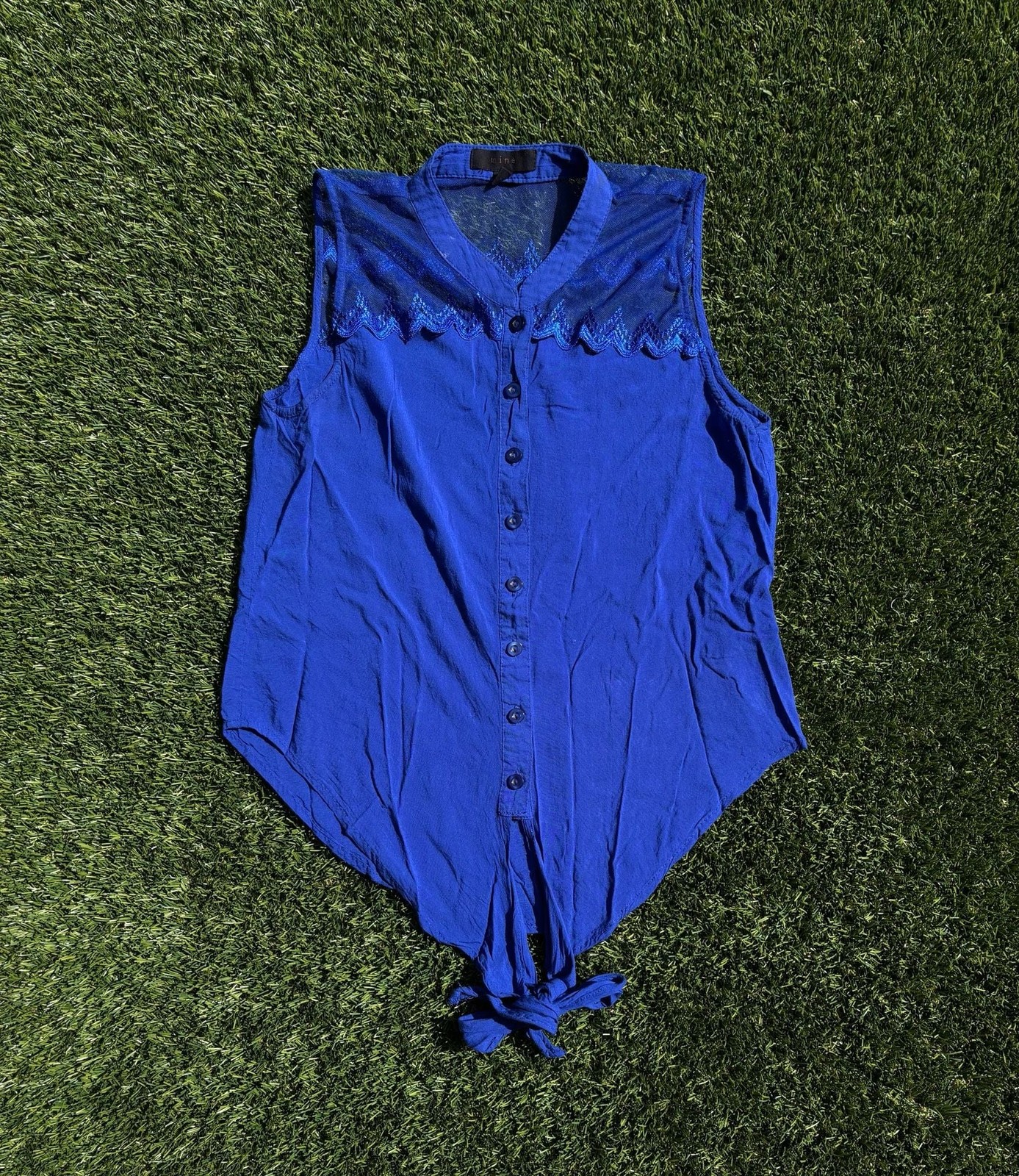 Mine Cobalt Blue Sleeveless Button-Down Tank with Lace Yoke and Tie-Front Hem