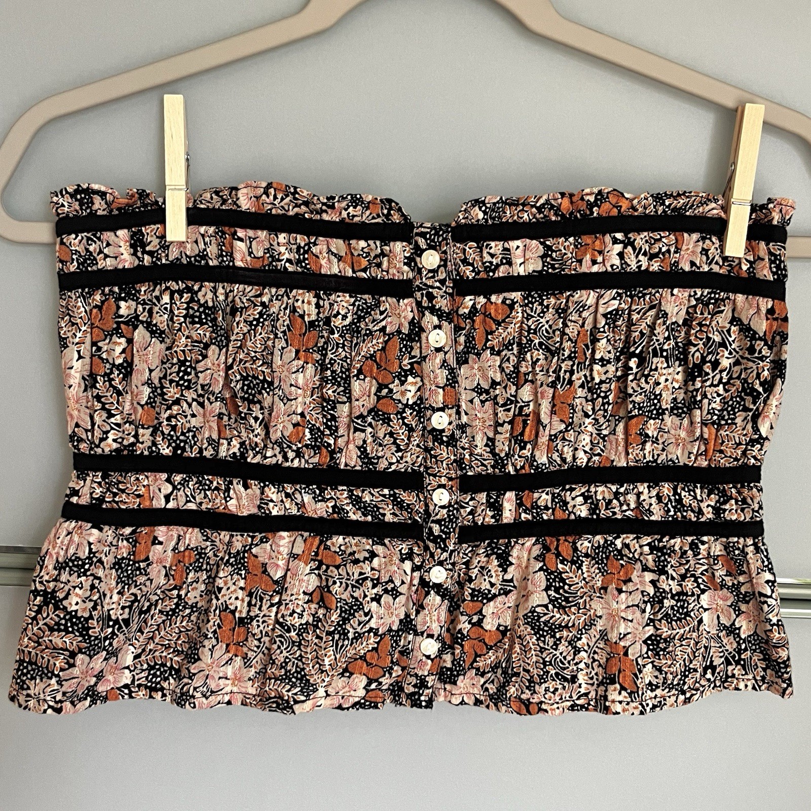 🍂American Eagle Women’s Small Floral Bandeau Tube Top Smocked Strapless Boho