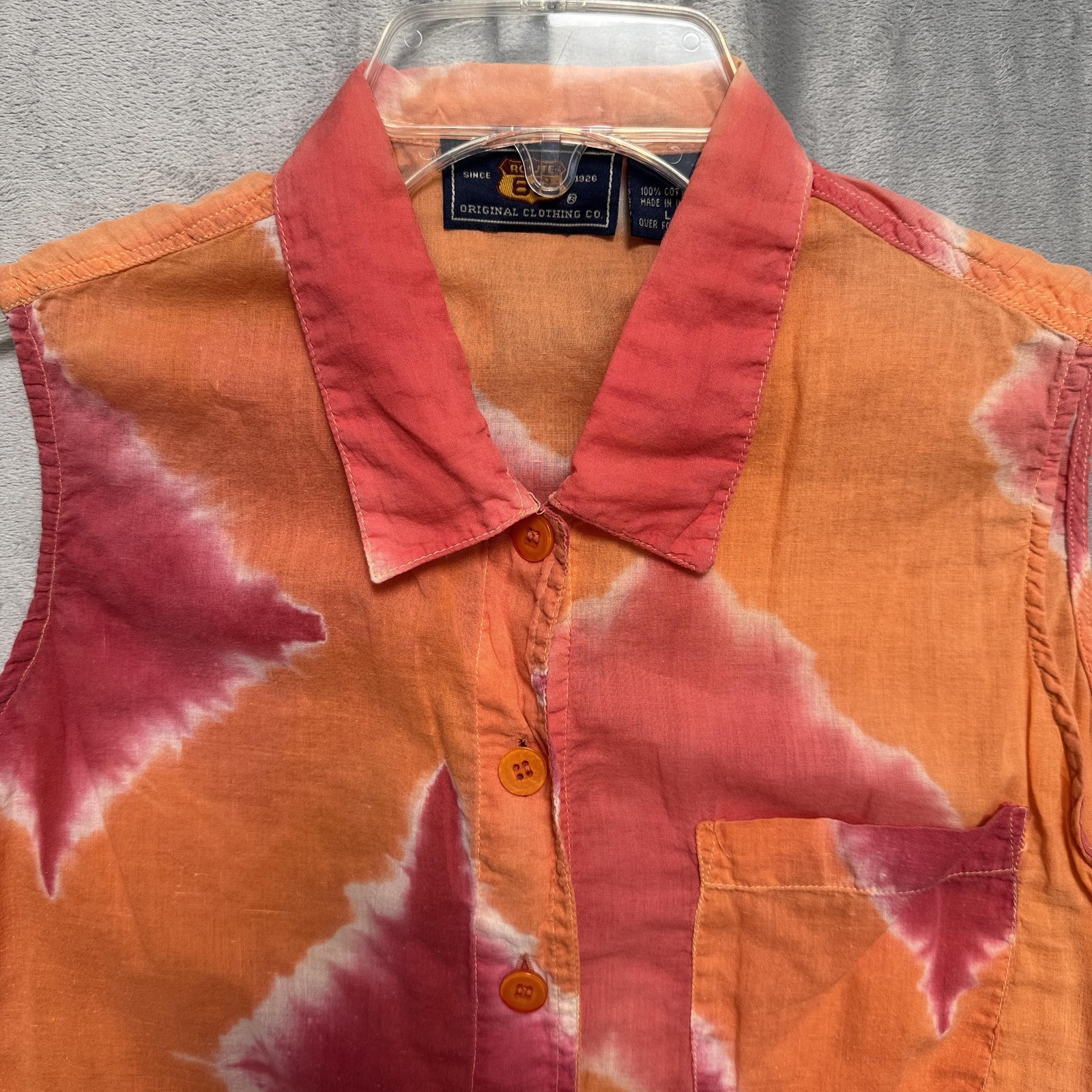 Route 66 Shirt Womens Large Orange Red Tie Dye Sleeveless Button Front Tie Top