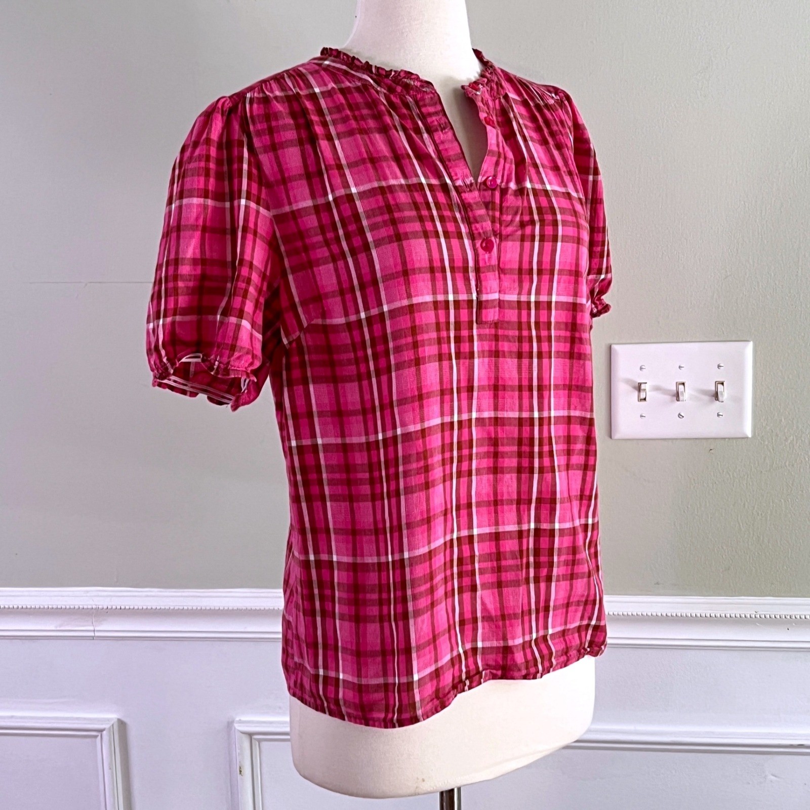Lascana Plaid Henley Blouse 10 Womens Pink Ruffle Puff Sleeve Cotton Cottagecore