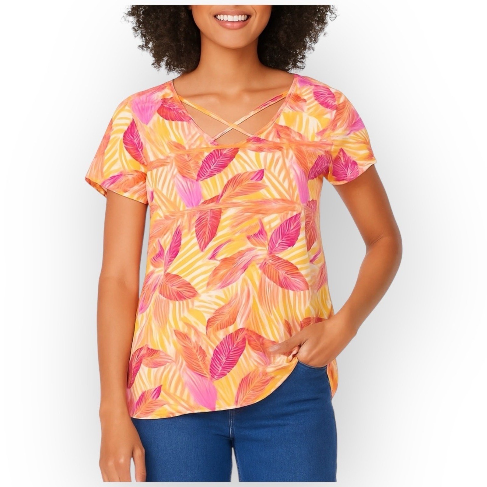 NWT Pink Rose Crisscross Back Blouse S Pale Peach Palms Tropical P203