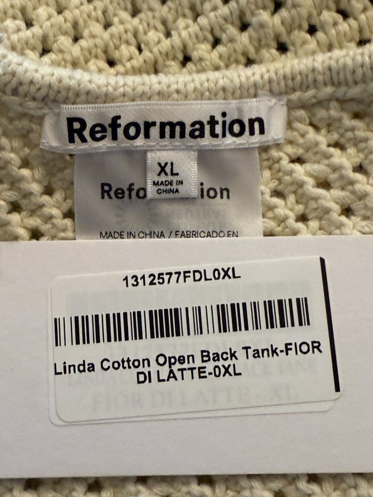 $98 Reformation Linda Cotton Open Back Tank | Fior Di Latte | XL