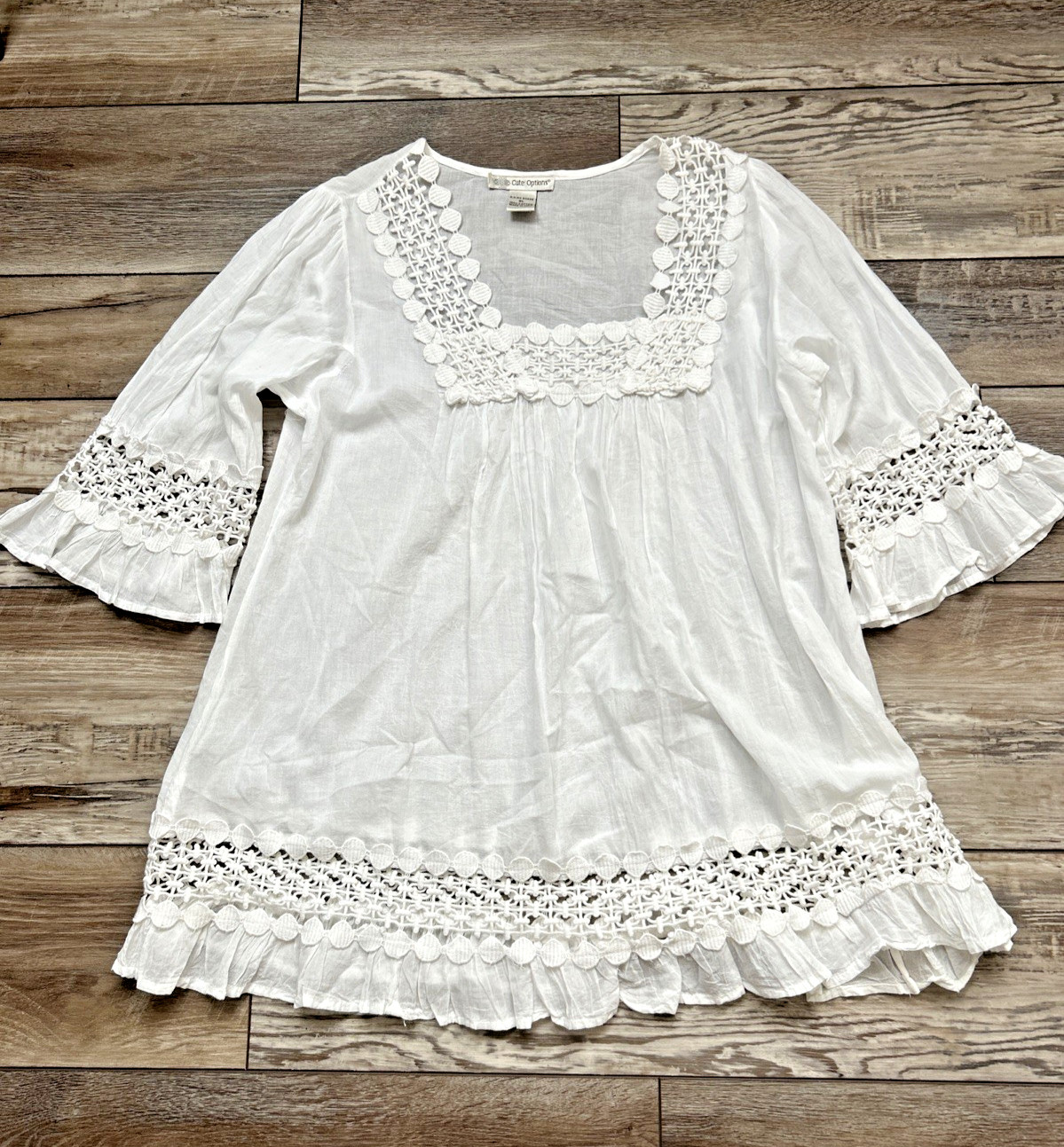 Cute Options Ladies XL Top Blouse Shirt White 3/4 Sleeve Ruffle Semi Sheer Boho