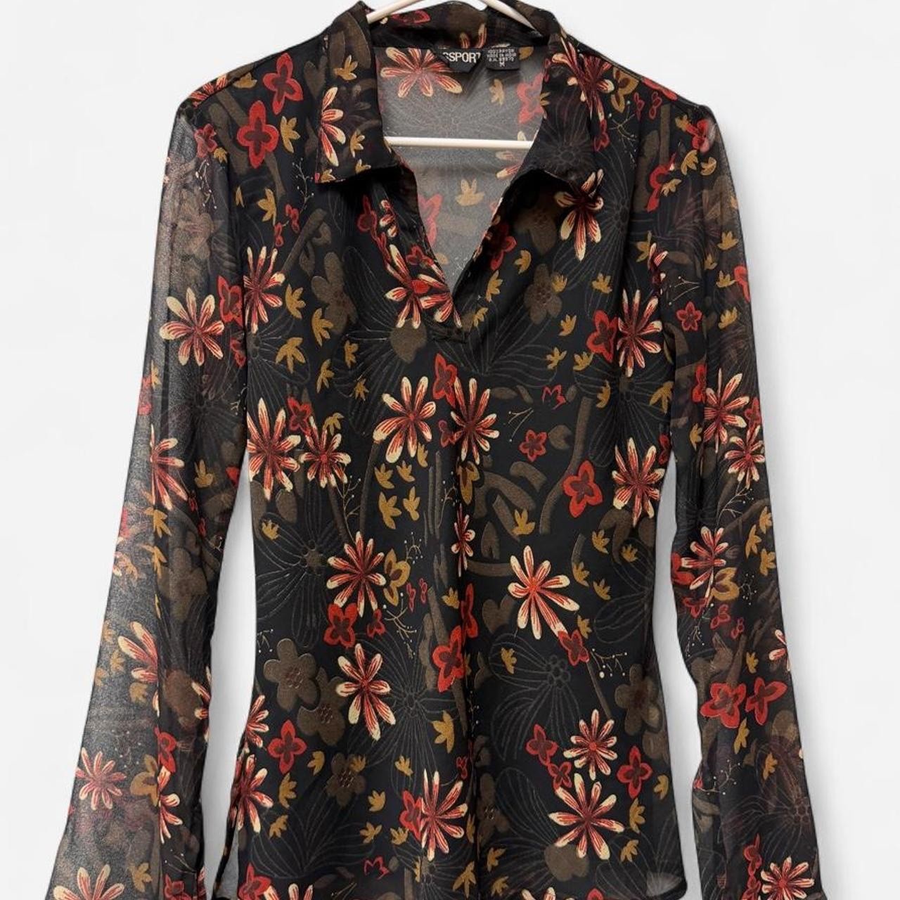 Vintage Passport Sheer Floral Blouse Black Rayon Y2K Long Sleeve Split Neck Top