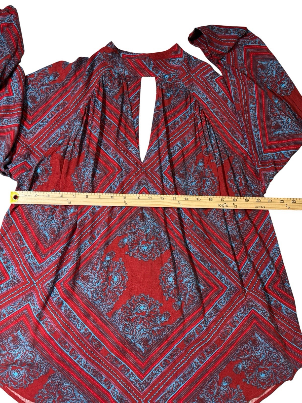 Free People Walking On A Dream Tunic Top Women’s S Red Blue Keyhole Aztec Boho