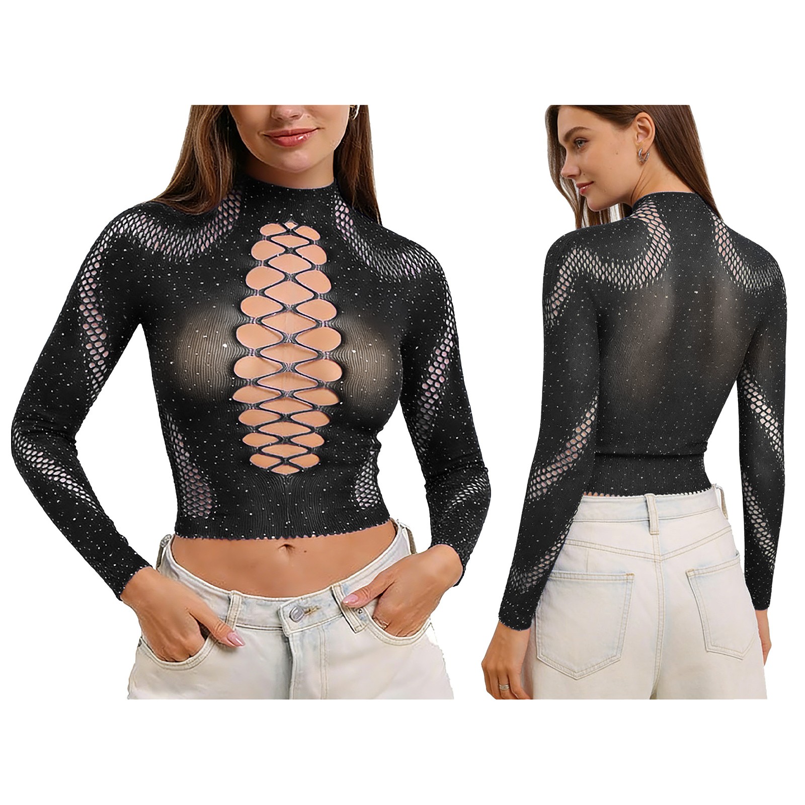 US YiZYiF Women Tees Fishnet Lingerie Crop Top Long Sleeve See Through Shirt