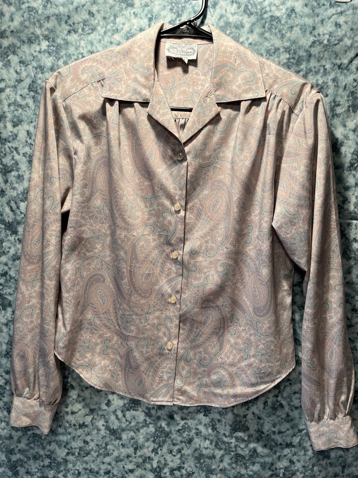 Women’s Petites Collared Button-Up Paisley Blouse Size 4 Pink Blue The Villager
