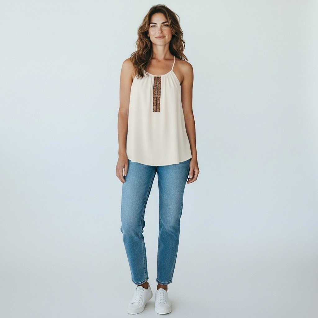NWT Naked Zebra Womens Halter Tank Top Cream Embroidered Boho Blouse Size M