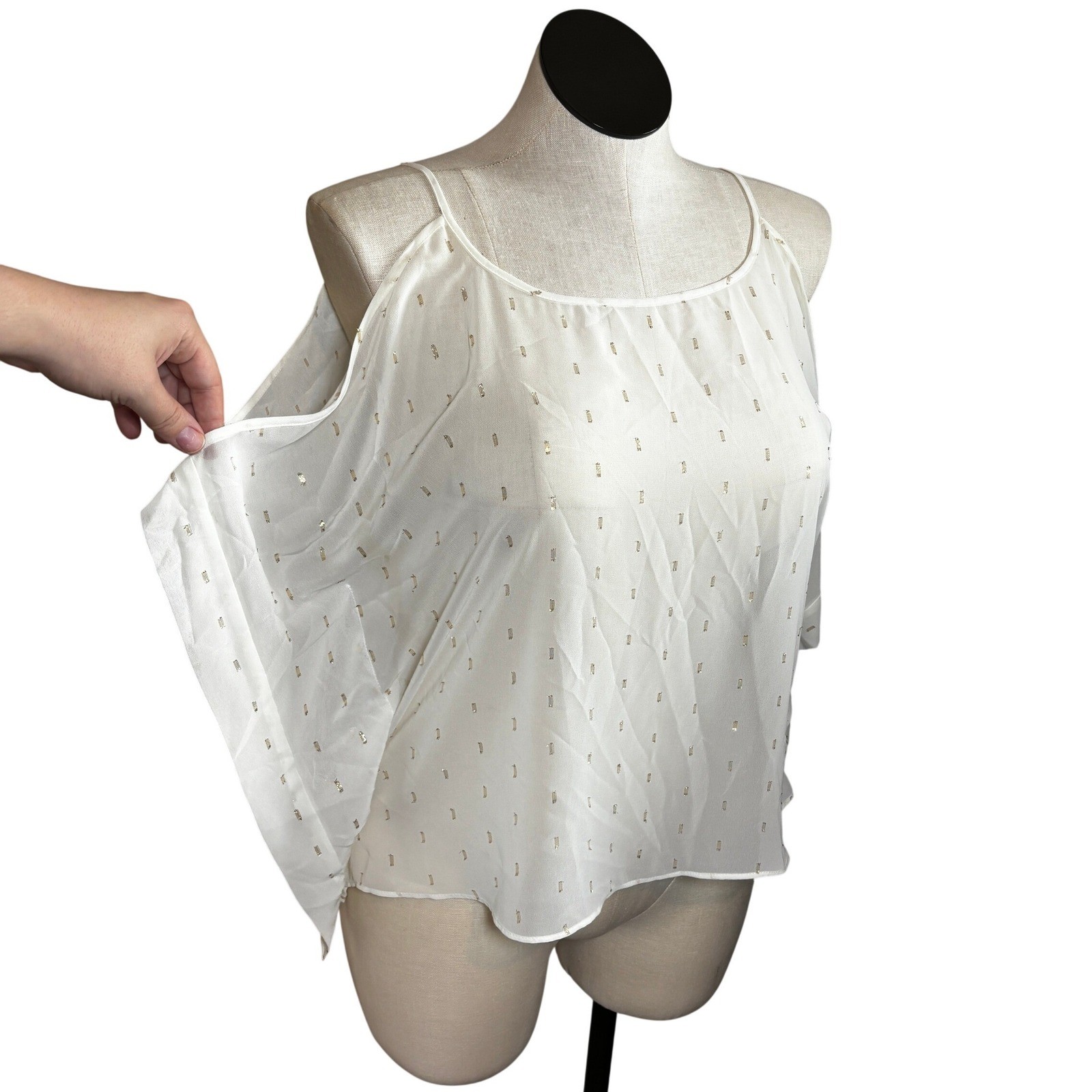 Jennifer Lopez Cold Shoulder White Metallic Dot Blouse Shirt Top Women’s M