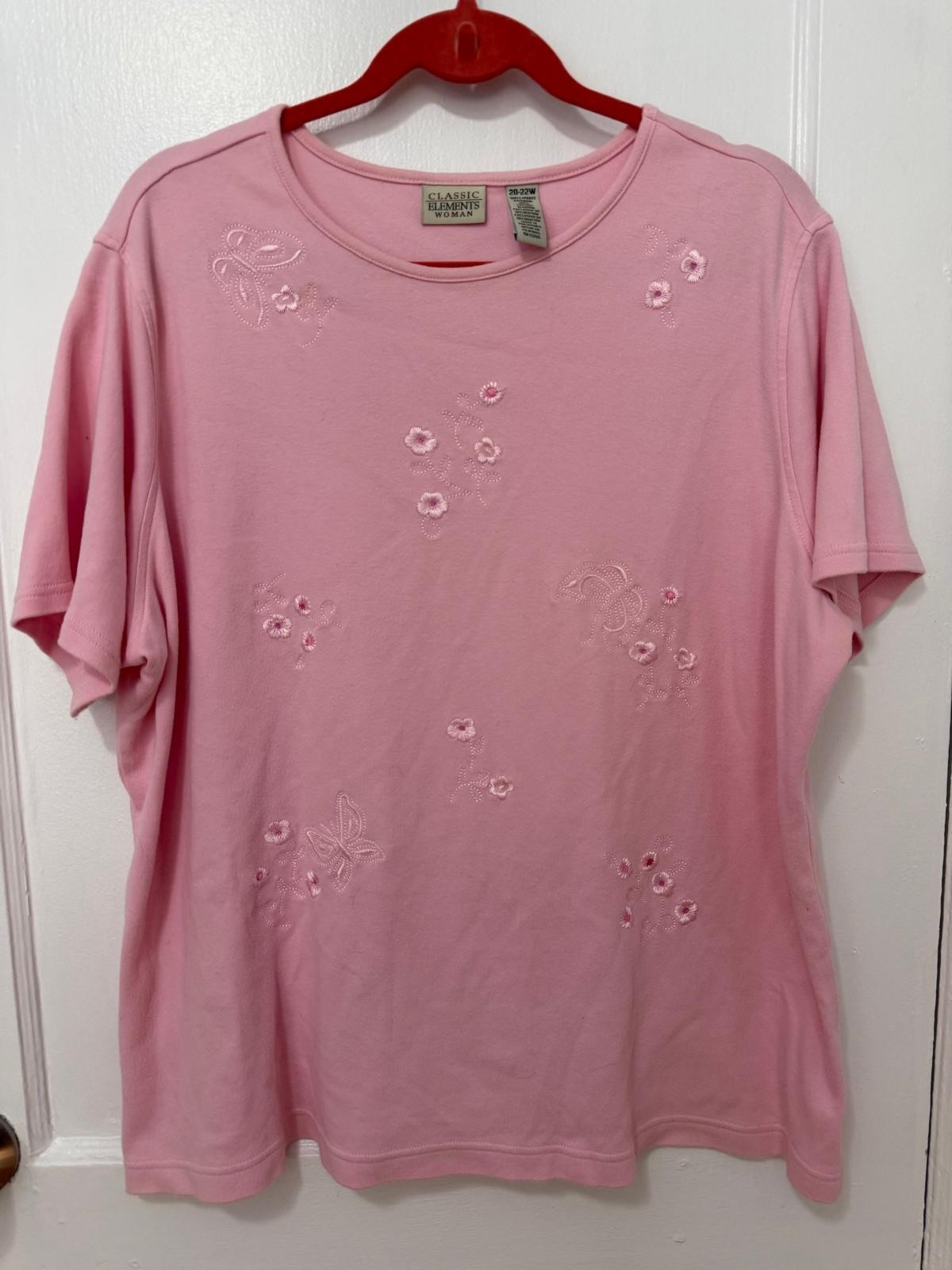 Classic Elements Women’s Short Sleeve Cotton Blouse Pink 20-22W Embroidered
