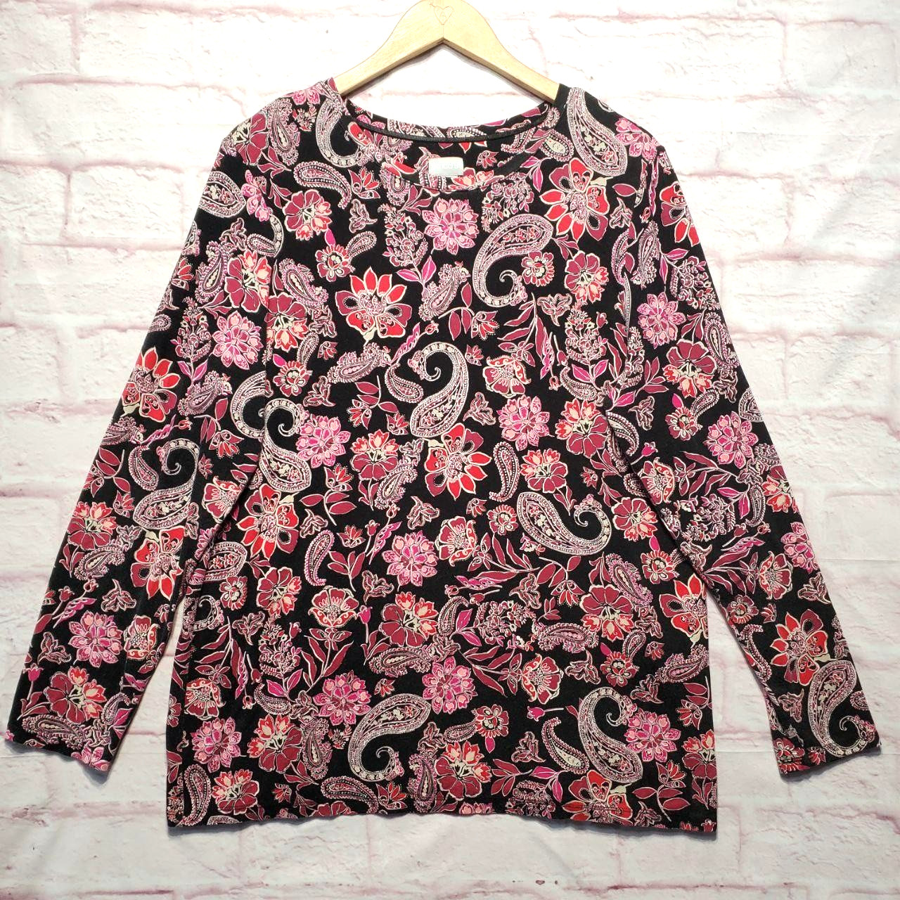 Chicos Shirt Womens XL Black Pink Paisley Floral Long Sleeve Stretch Top Boho