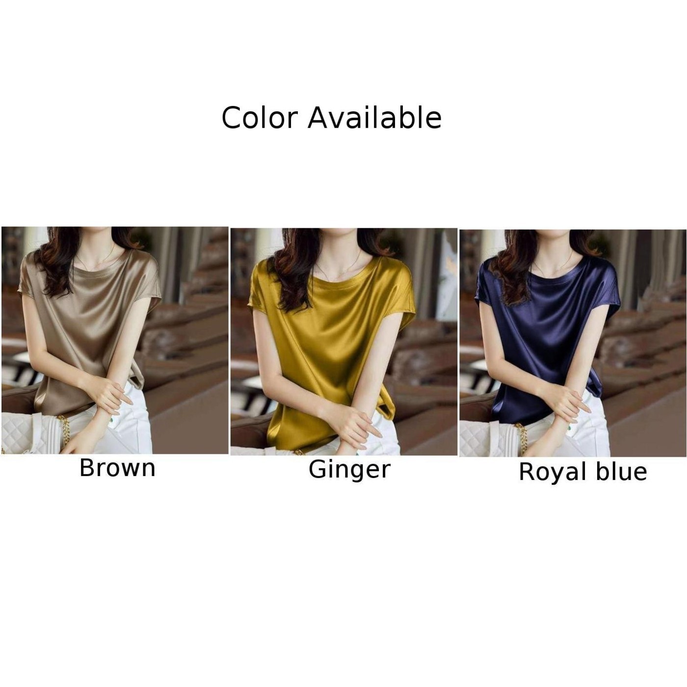 Soft and Shiny Women Office Lady Tops Satin Short Sleeve Blouse Shirts
