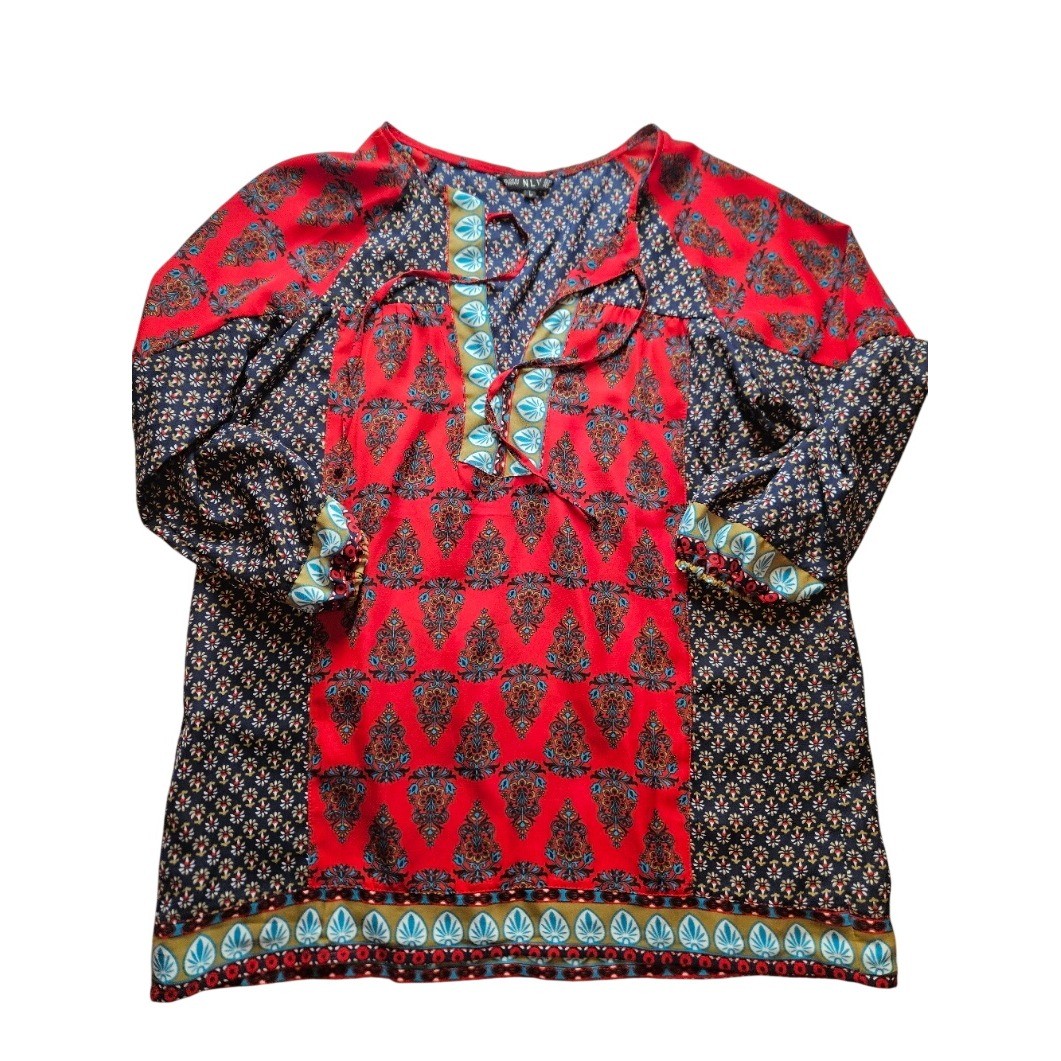 NLW Womens Red Navy Blue Mixed Print Boho Tunic Blouse Split Neck Tie Top L