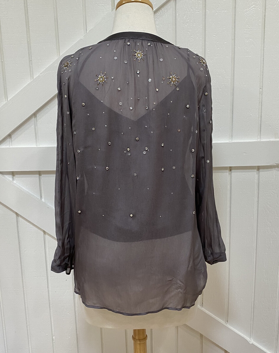 Boden 10 Taupe Gray bejeweled Gold Silver Sheer Long Sleeve Blouse Top With Cami
