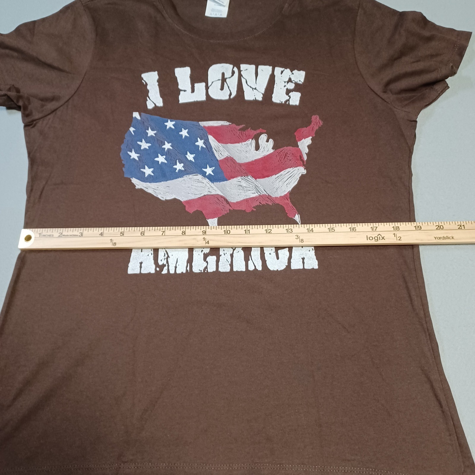 Port & Company I Love America USA Flag Graphic T-Shirt Brown Womens Large L