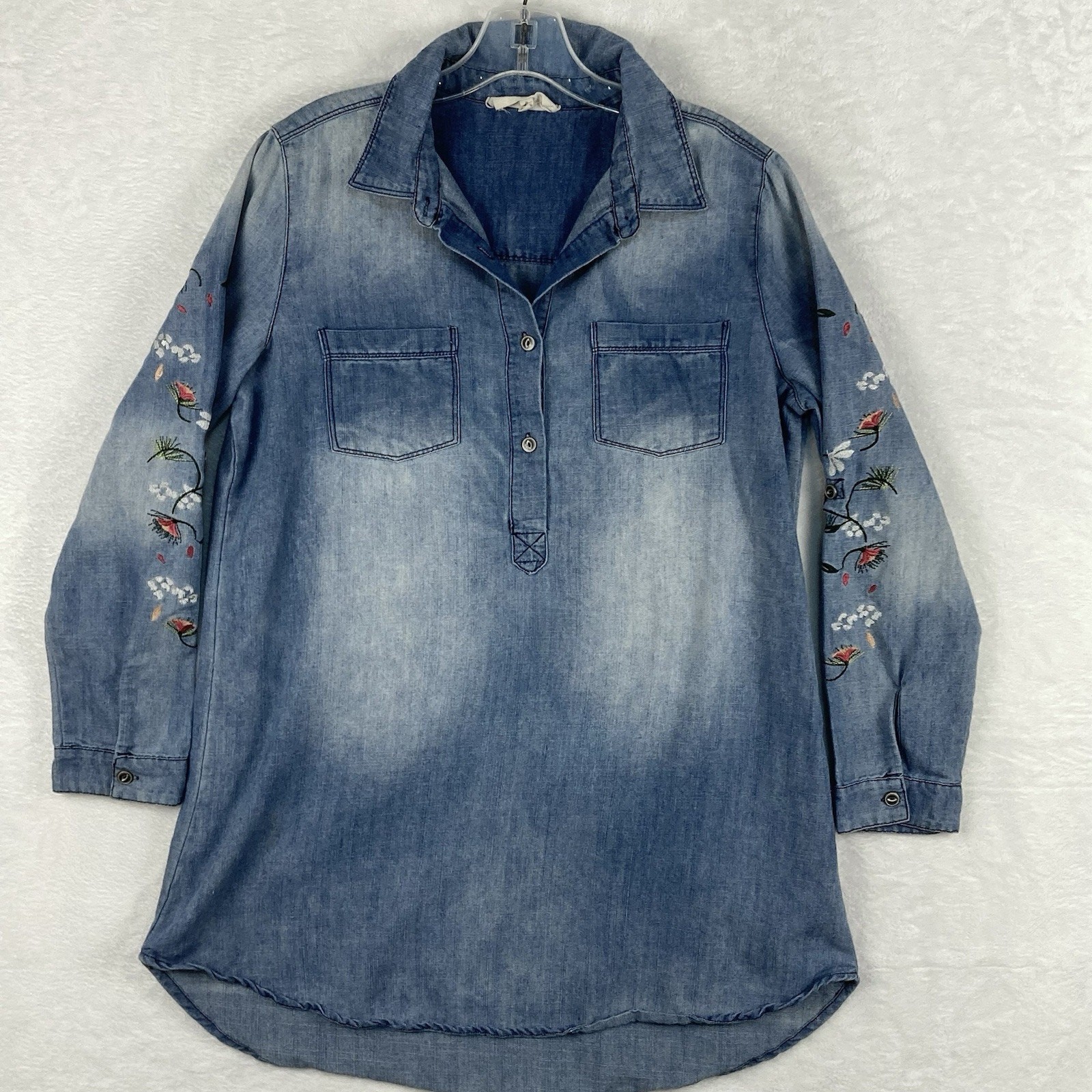 En Crème Shirt Womens S Denim Tunic Floral Embroidered Western Prairie Boho
