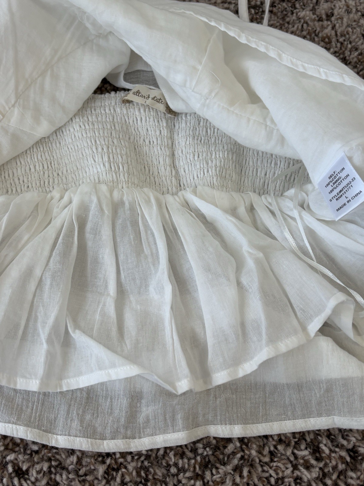 Altar’d State White V Neck Camisole Top Smocked Back Strap Ruffle Gauzy Large