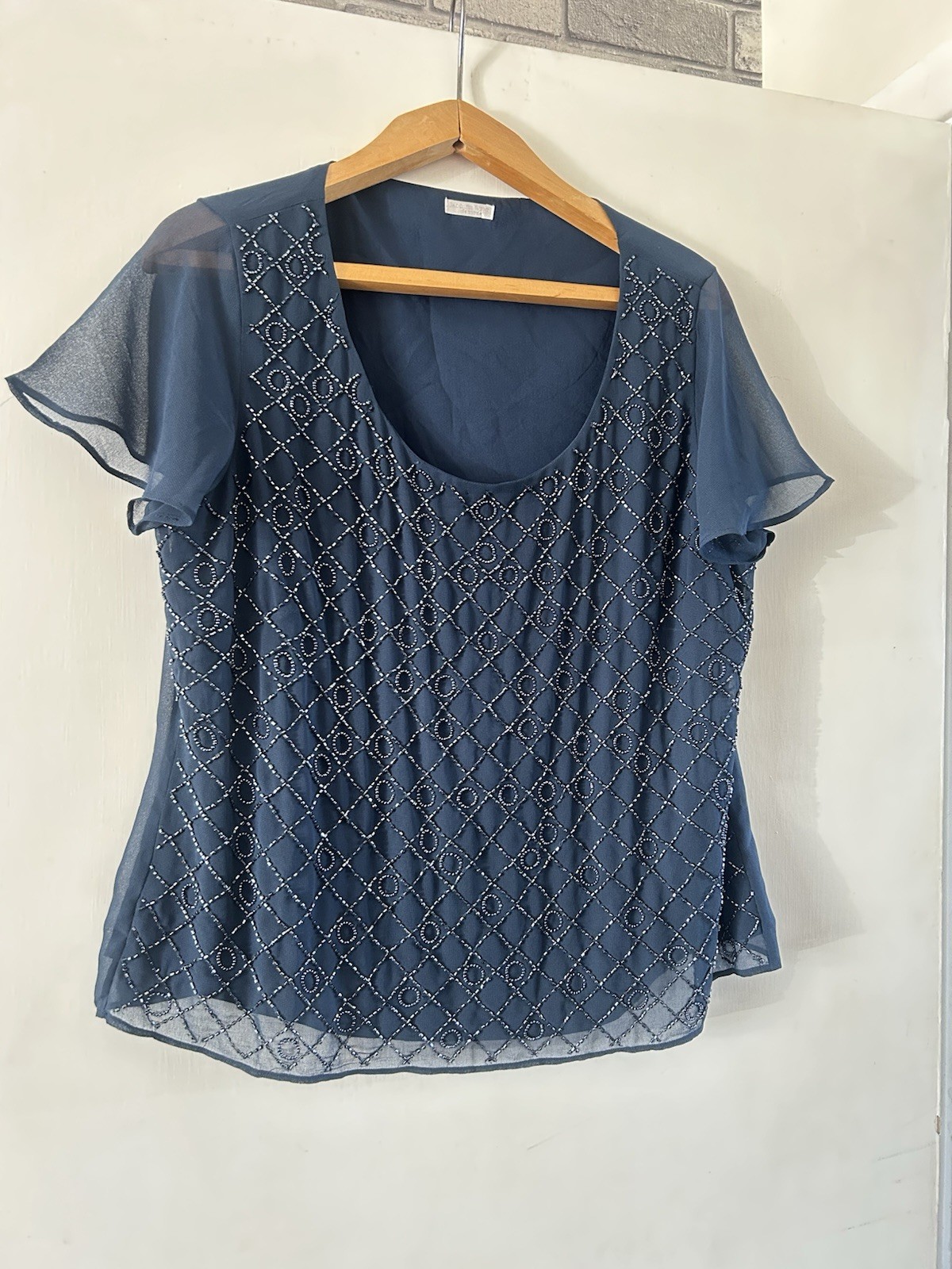 Jacques Vert Petite Navy Embellished Evening Short Sheer Sleeve Top Size 14
