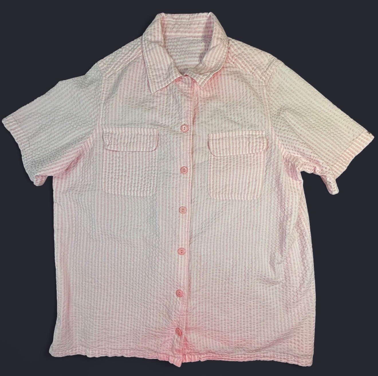 PINK STRIPED SHORT-SLEEVE BUTTON-UP SHIRT, CHEST 46 IN, LENGTH 29 IN