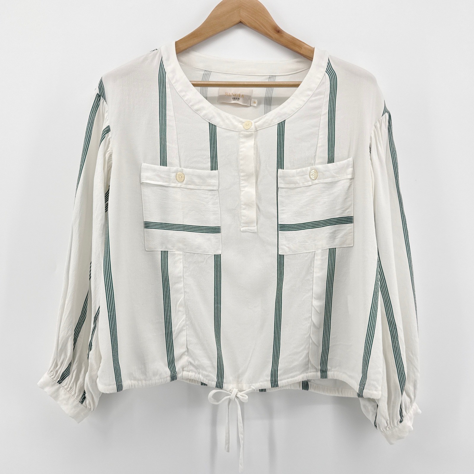 SANCIA The Esme Striped Silk Blend Blouse Green White Drawstring Hem Size M EUC